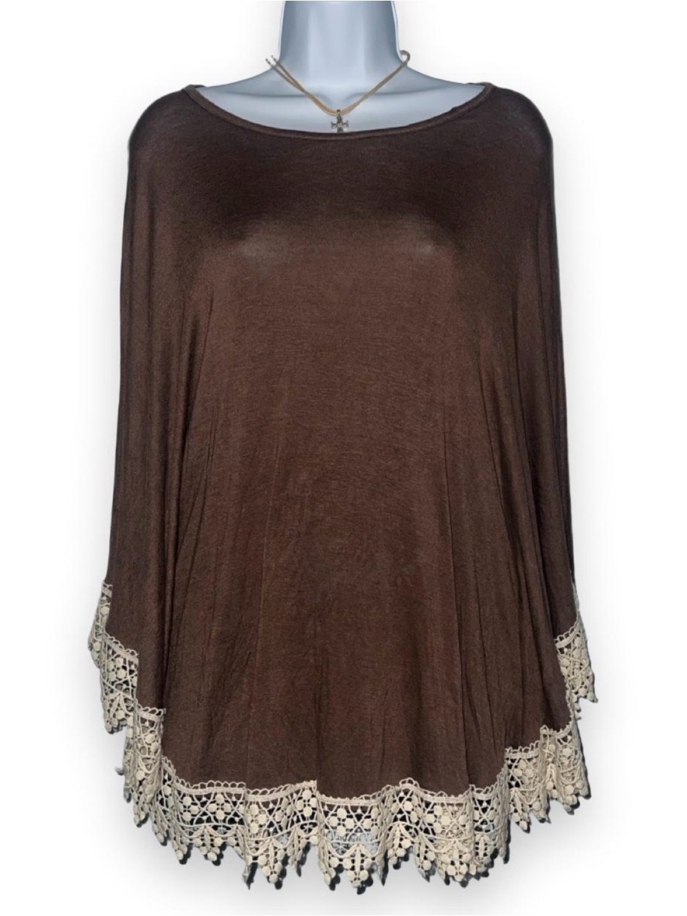 Flamingo Urban Brown Tunic with Cream Lace Trim Poncho